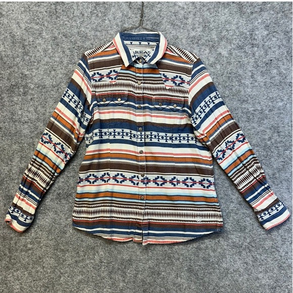 Ariat Tops - Ariat REAL Western Snap Shirt Women Size Small Blue Brown Southwest Geometric
